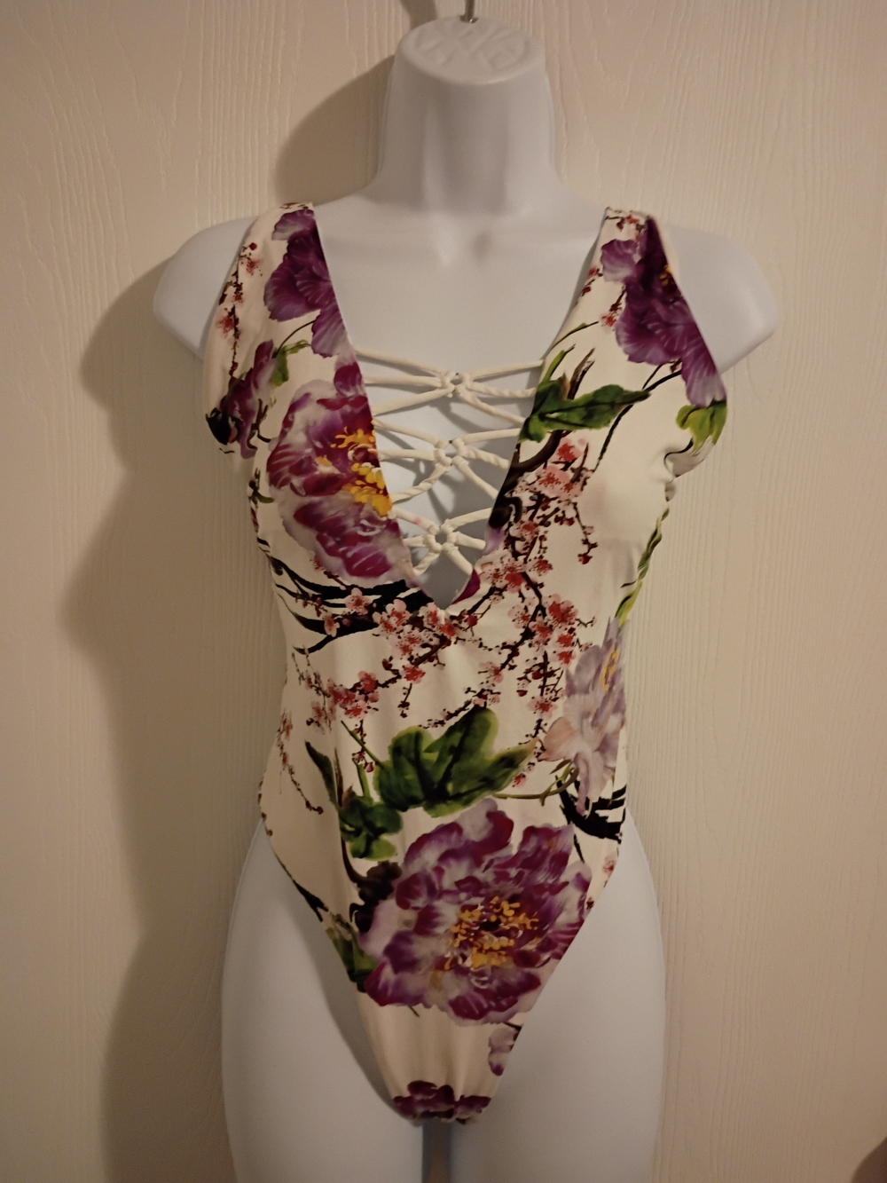TiniBikini Purple & Green Floral Lace-Up One-Piece Swimsuit on Cream